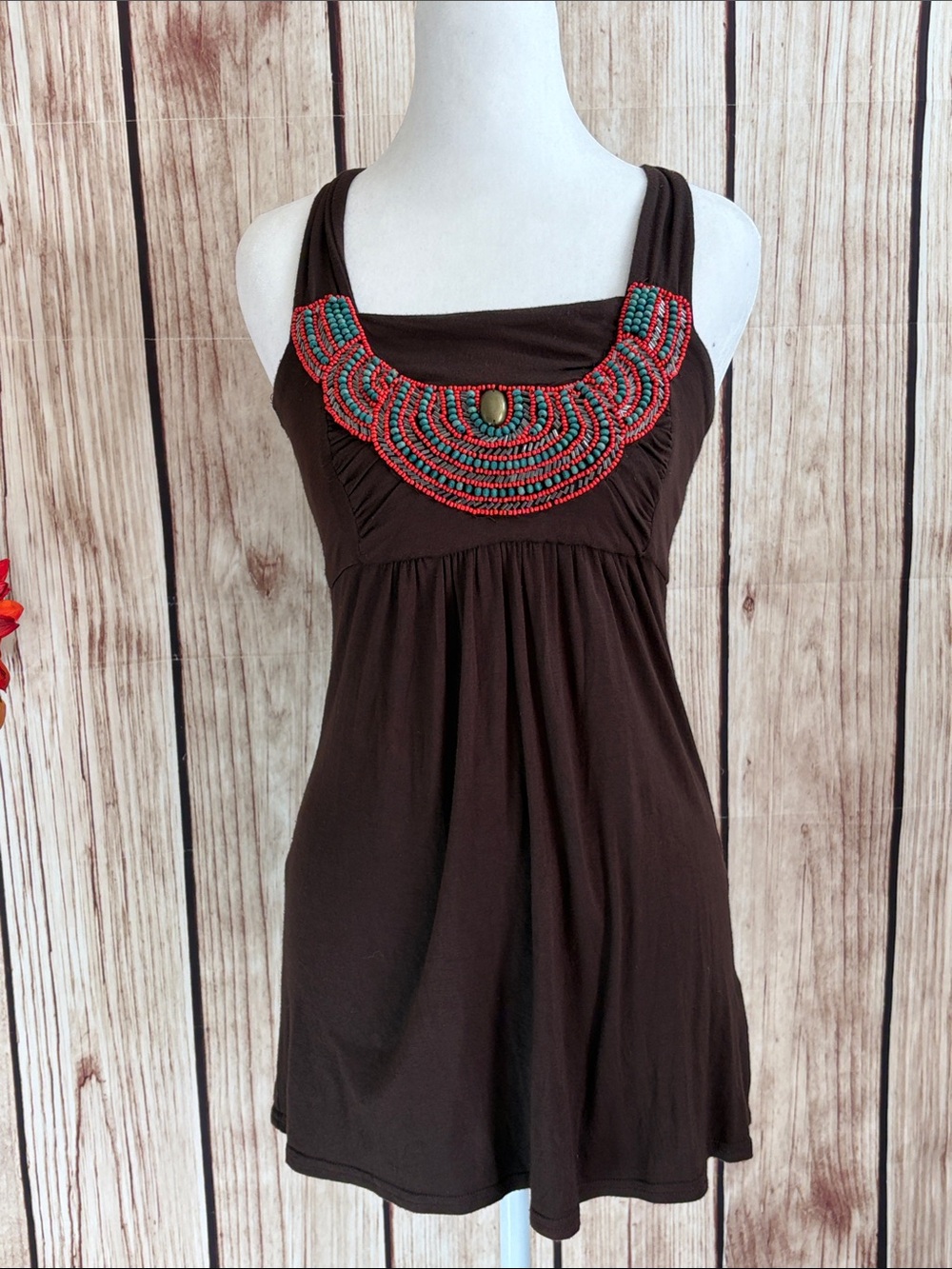 Jennifer Taylor Brown Halter Top Coral & Turquoise Colored Beaded Accented Front